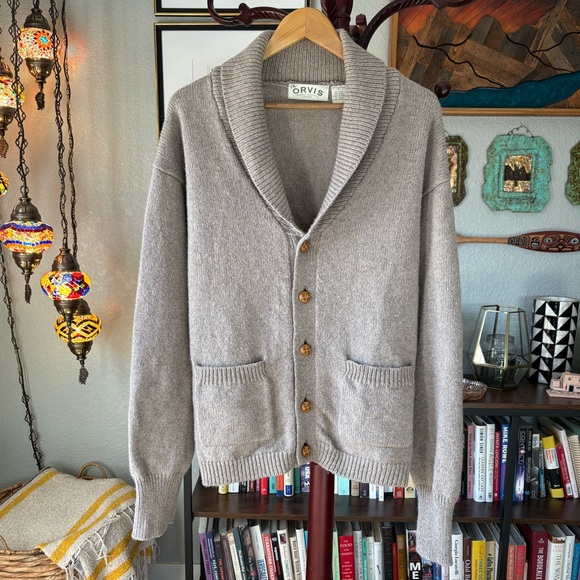 Orvis Other - Orvis Men's Oatmeal Wool Blend Shawl Collar Cardigan with Leather Buttons, Large